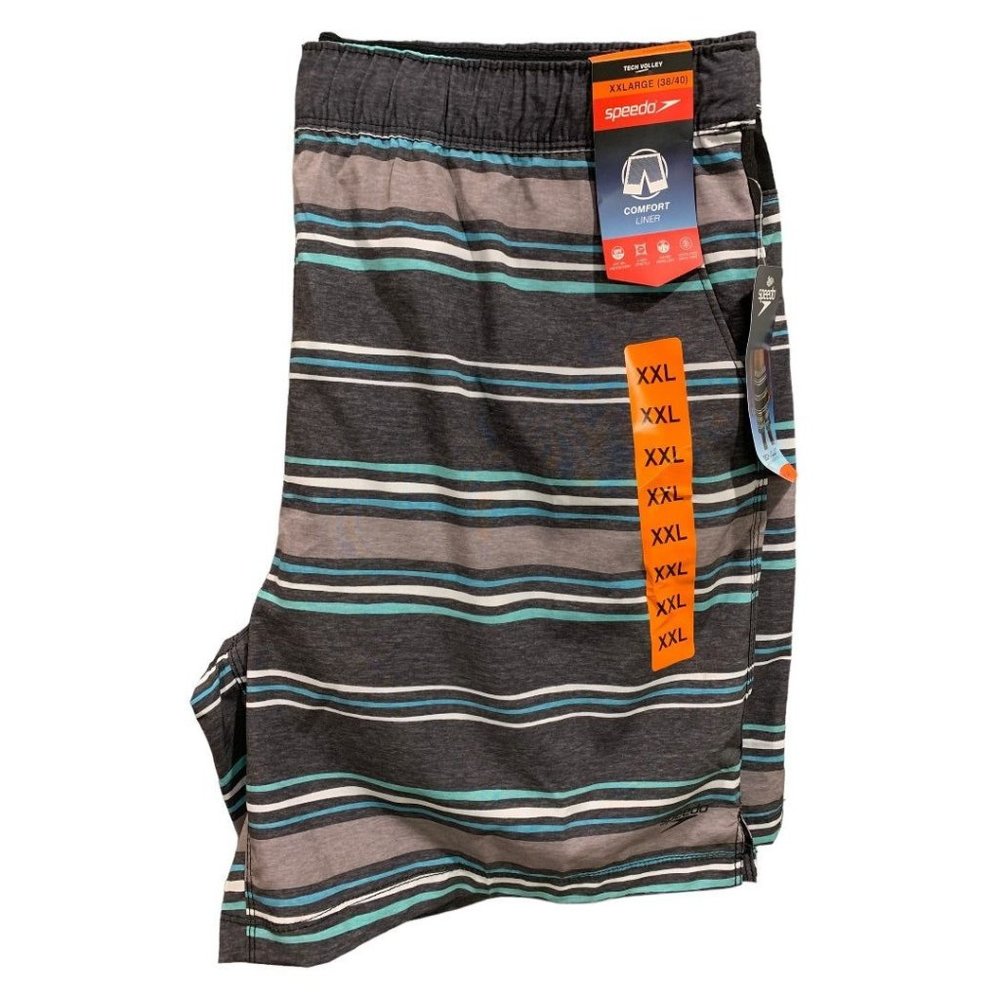 XXL (38/40) Speedo Men's New Gray Striped Swim Trunks Tech Volley Shorts